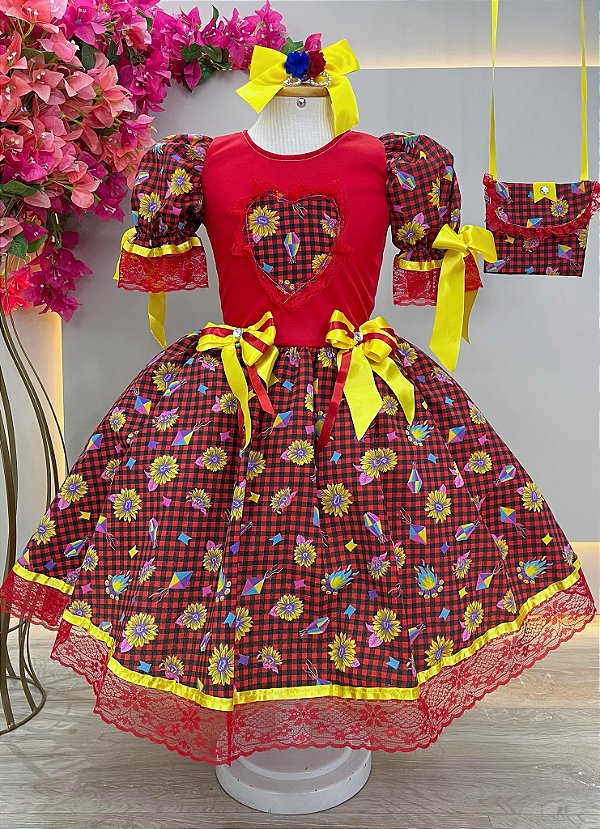Vestido Infantil Junino Vermelho Xadrez Colorido Girassol com Bolsinha