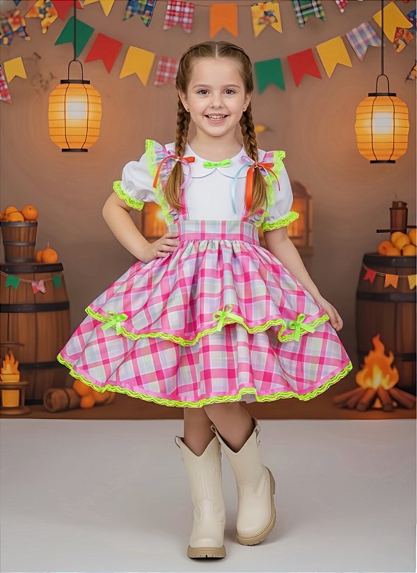Conjunto Infantil Junino Salopete Xadrez Rosa Verde