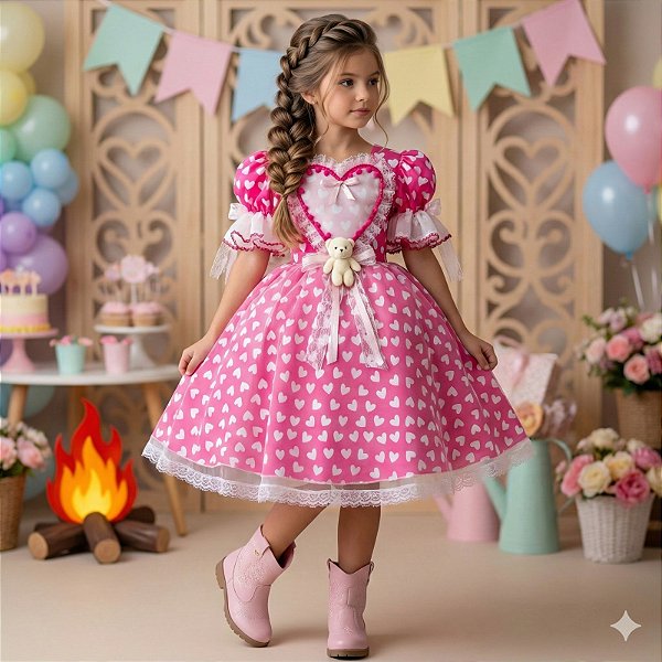 Vestido Junino Luxo Ursinho do Sertão Pink