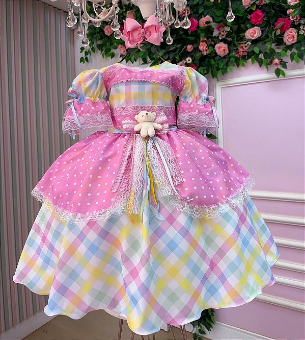 Vestido Infantil Junino Rosa Luxo Ursinho do Sertão Rosa