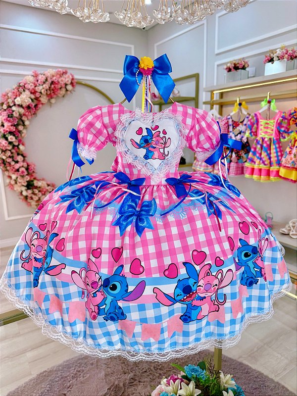 Vestido Infantil Lilo Stitch e Angel Xadrez Rosa Festas