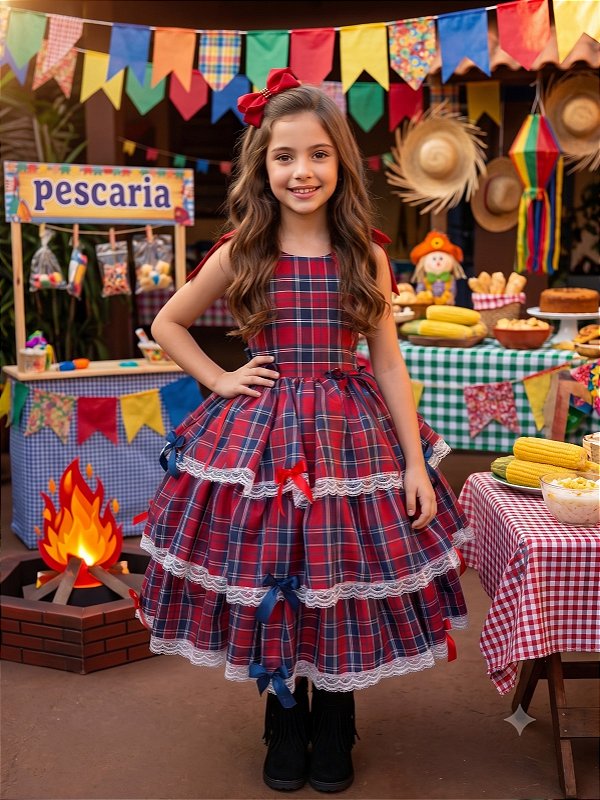 Vestido Infantil Junino Luxo Xadrez Vermelho
