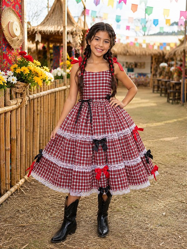 Vestido Infantil Junino Luxo Xadrez Vermelho 3