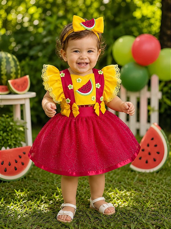 Romper Melancia Amarelo e Vermelho  com Laço Luxo