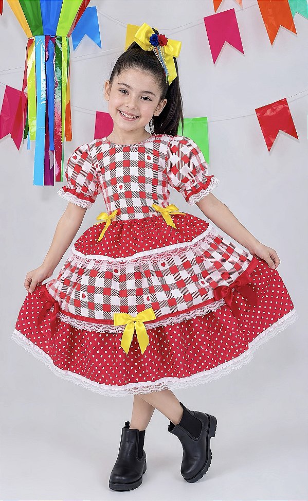Vestido Junino Infantil Vermelho Xadrez com Corações e Laços