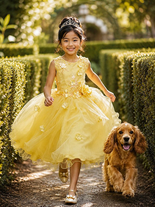 Vestido Infantil Amarelo Midi Formatura Festas Luxo