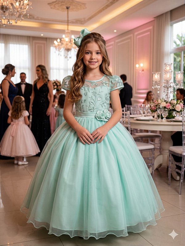 Vestido de Formatura Infantil Verde Menta Dama Casamento