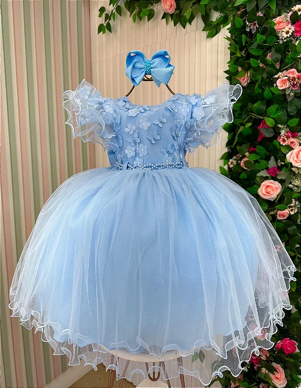 Vestido Infantil Azul Bebe Jardim Encantado Festa Luxo Casamento