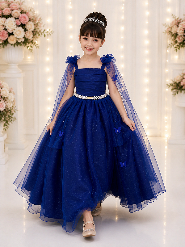 Vestido Infantil Longo Azul Royal Aplique Borboletas Festas