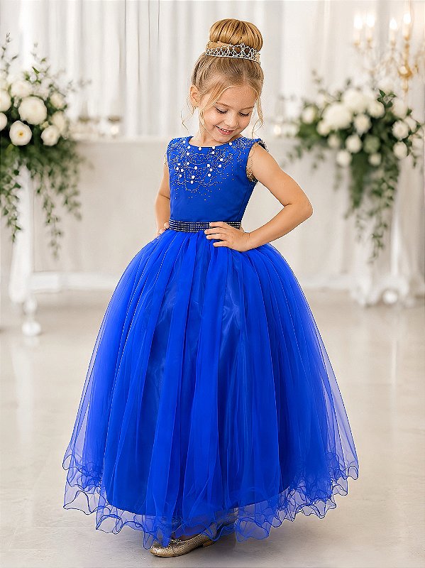 Vestido Infantil Damas de Honra Longo Azul Royal Pérolas