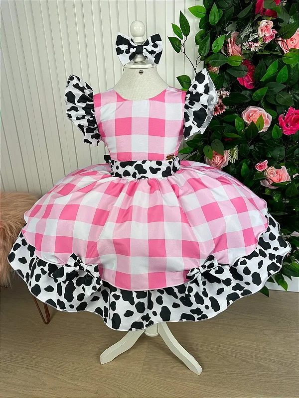 Vestido Fazendinha Rosa Vaquinha Infantil Festa Luxo