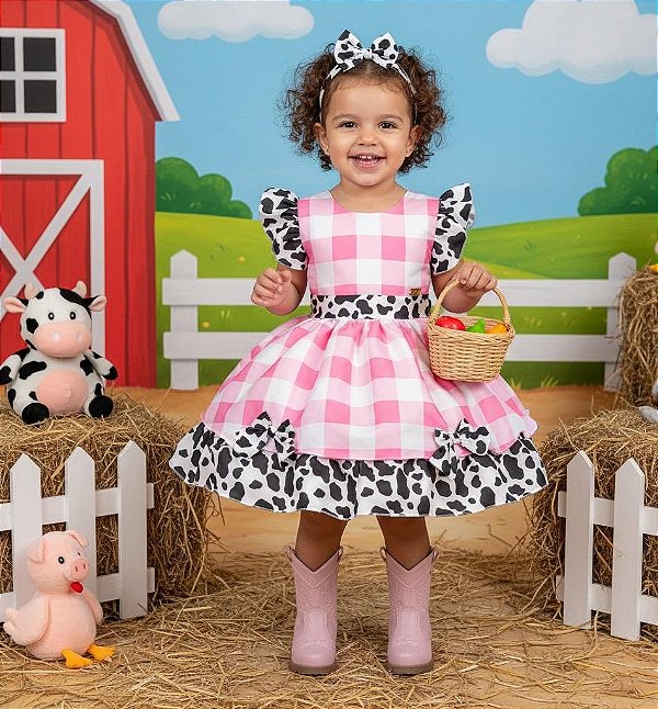 Vestido Fazendinha Rosa Vaquinha Infantil Festa Luxo