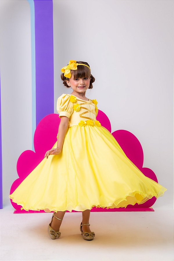Vestido Fantasia Princesa Amarelo Longa Festa Luxo