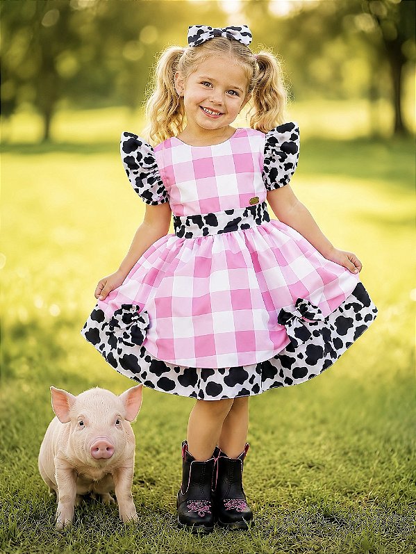 Vestido Infantil Xadrez Branco Rosa Fazendinha Vaquinha Laço