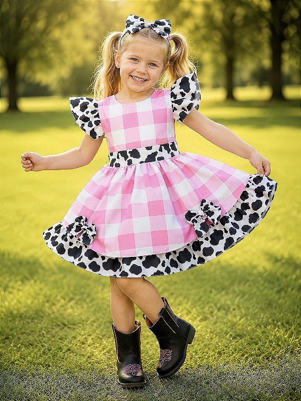 Vestido Infantil Xadrez Branco Rosa Fazendinha Vaquinha Laço