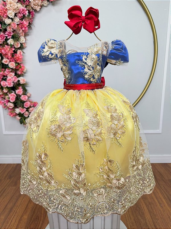Vestido Infantil Princesa Maça Renda Metalizada Dourada