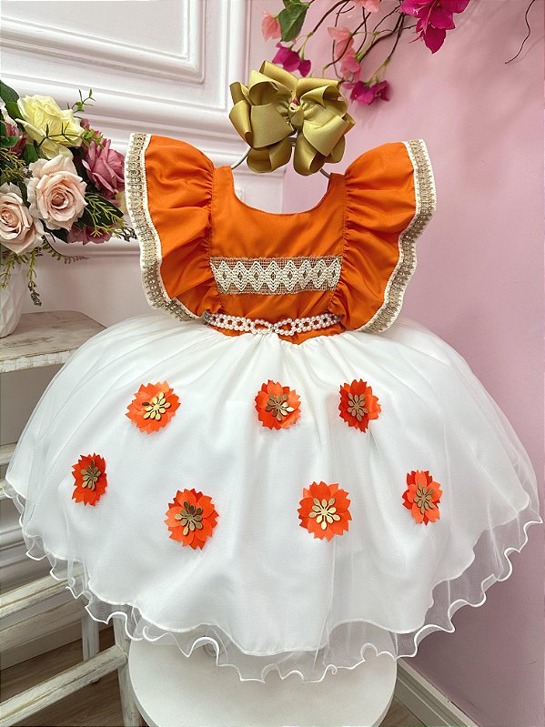 Vestido Infantil Laranja Com Apliques de Flores Festas