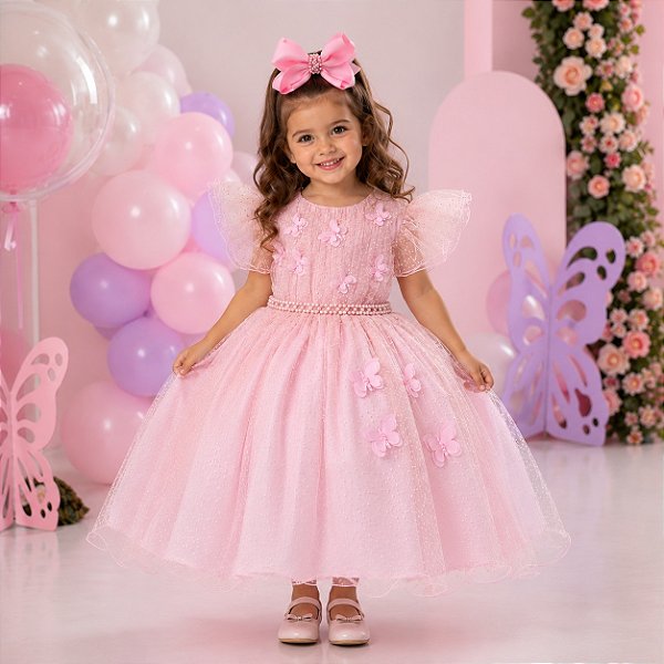 Vestido Infantil Jardim Fada Rosa Encantada Borboletas