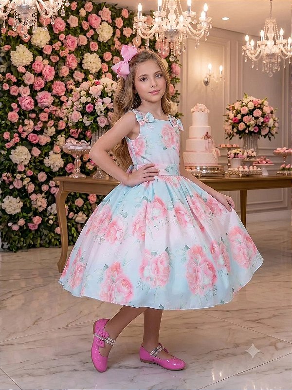 Vestido Infantil Luxo Festa Princesa Elegante Floral Azul