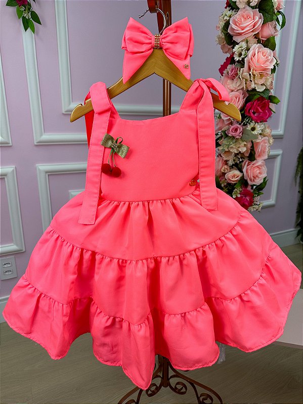 Vestido Infantil Rosa Neon Cerejinha Natalino Com Laço