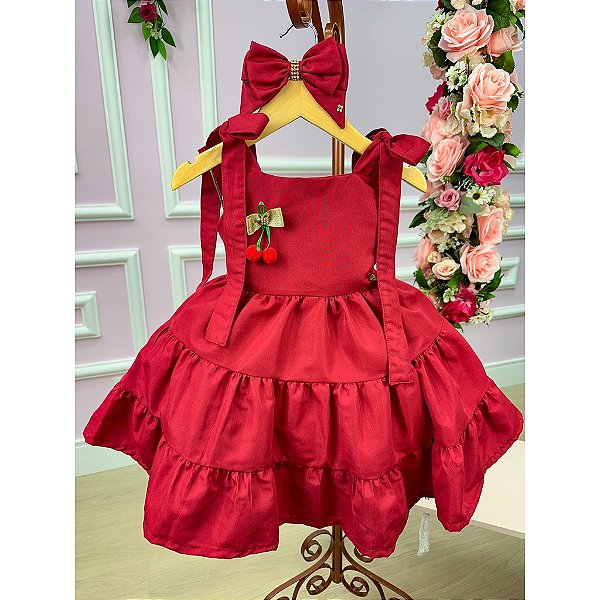 Vestido Infantil Vermelho Cerejinha Natalino Com Laço