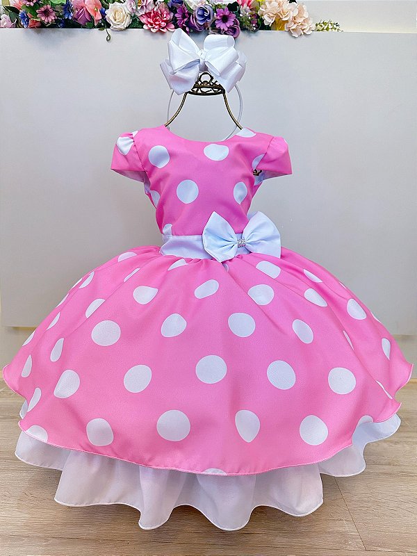 Vestido Rosa Infantil Poá Realeza Bolinha Branca