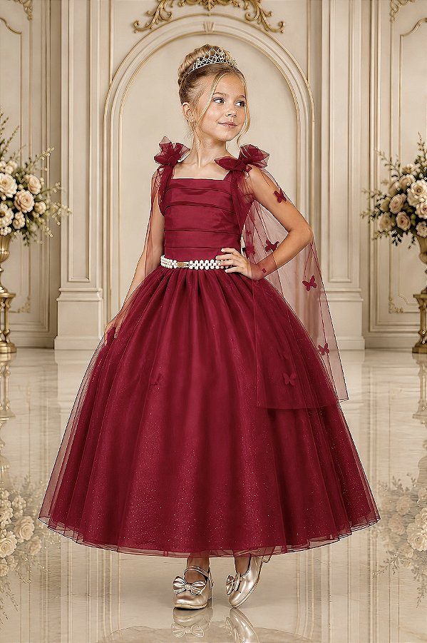Vestido Infantil Longo Marsala Aplique de Borboletas Festas