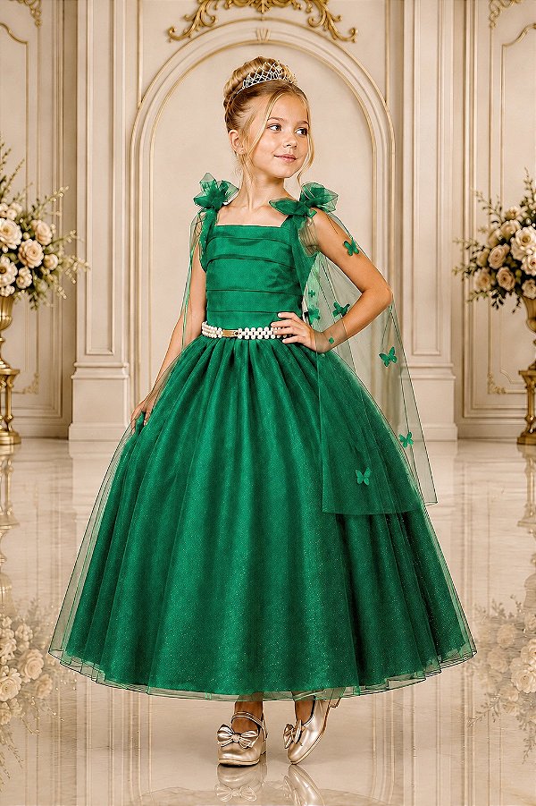 Vestido Infantil Longo Verde Aplique de Borboletas Festas Formatura
