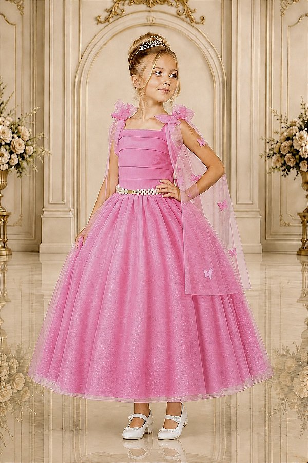 Vestido Infantil Longo Rosa Chiclete Formatura Borboletas Festas
