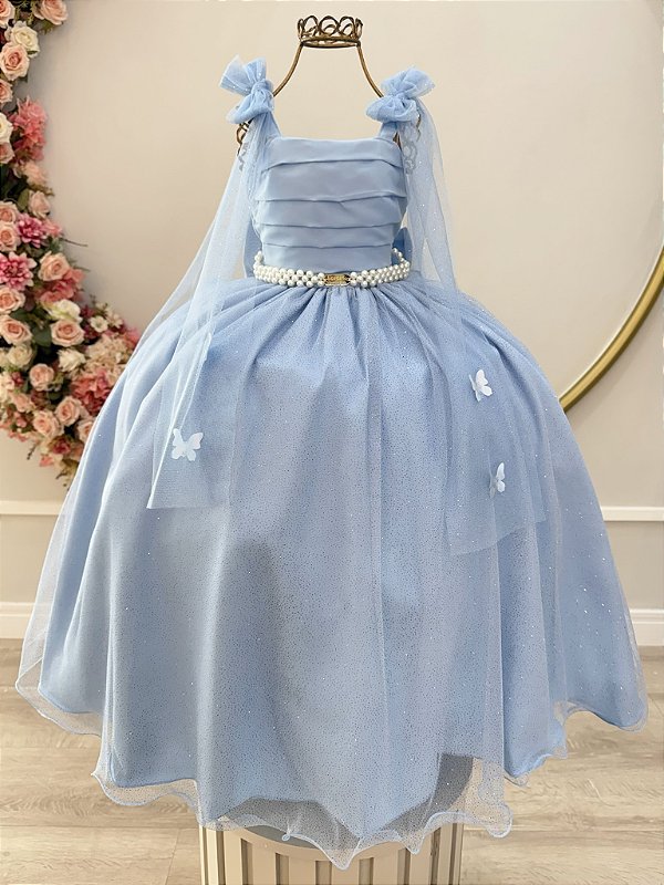 Vestido Infantil Longo Azul Aplique de Borboletas Festas