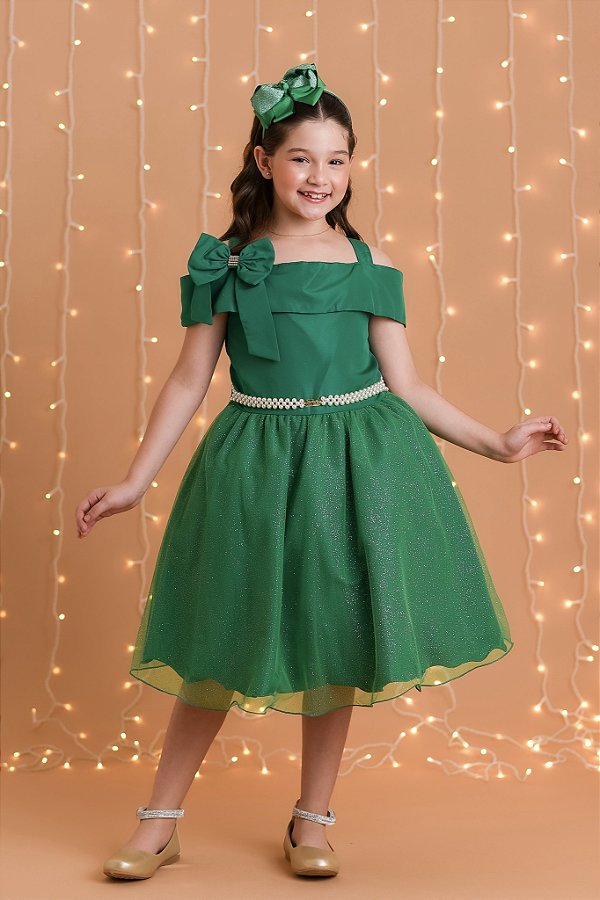 Vestido Infantil de Alça Verde Saia Glitter e Broche Festas