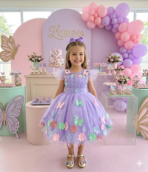 Vestido Infantil Jardim Encantado Lilas Luxo Flores Borboletas