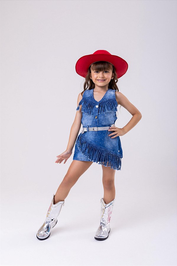 Conjunto Boiadeira Infantil Jeans Country Festa Rodeio