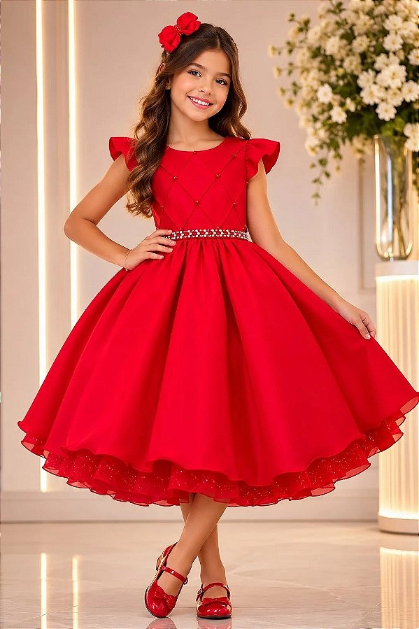 Vestido de Festa Infantil Vermelho para Aniversário e Formatura