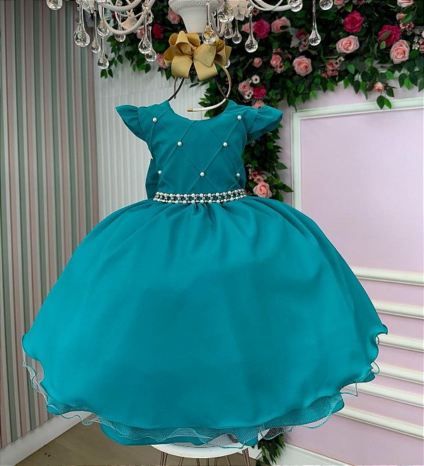 Vestido de Festa Infantil Verde Jade para Aniversário e Formatura