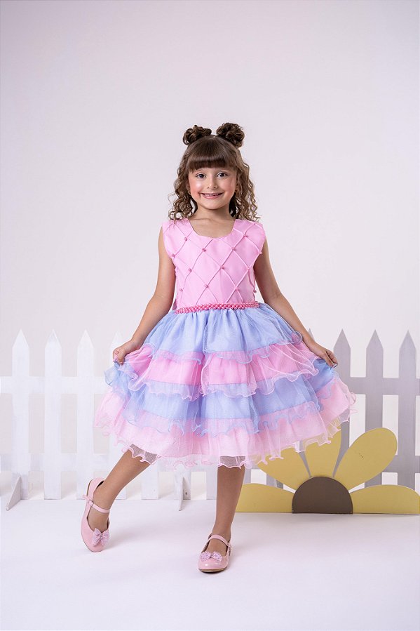 Vestido de Festa Infantil Rosa Arco-Íris Unicórnio com Babados