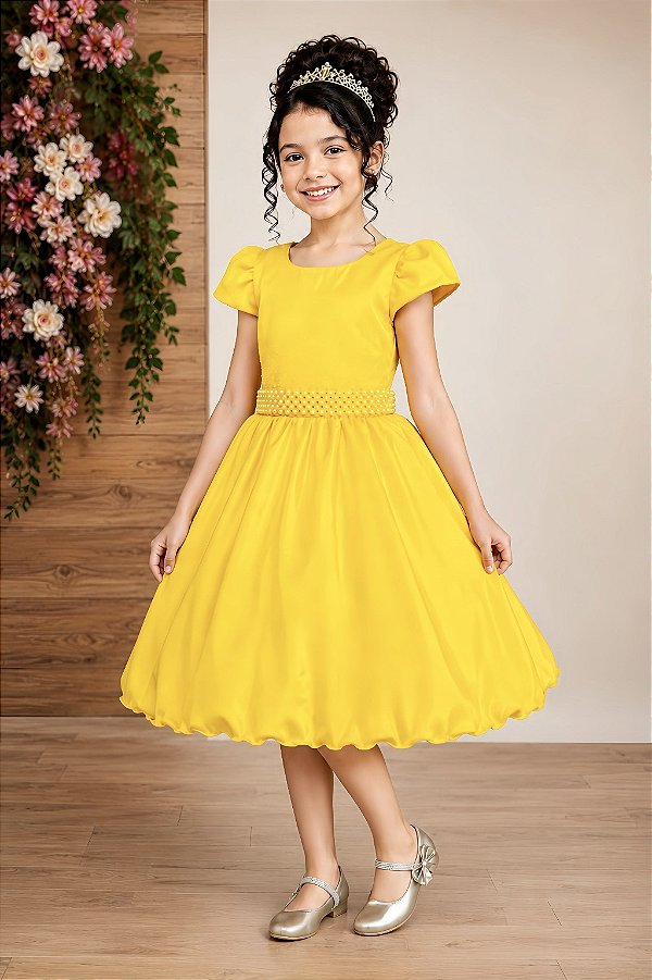 Vestido de Festa Infantil Amarelo com Pérolas e Strass