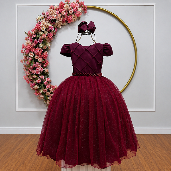 Vestido Infantil Formatura Festa Luxo Daminhas Marsala Luxo