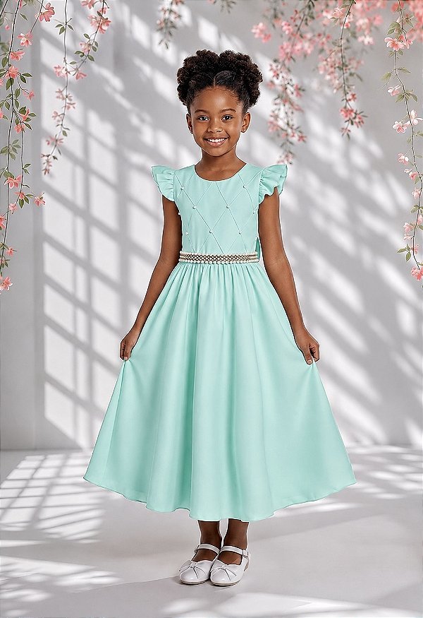 Vestido Infantil Longo Verde Menta Para Daminha Formatura Festa