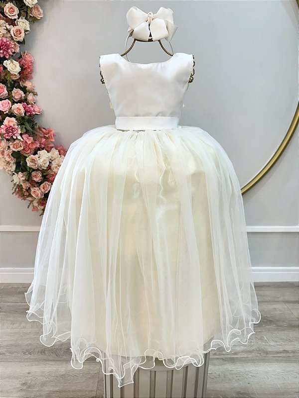 Vestido Infantil Longo Off White Daminhas Festas Luxo
