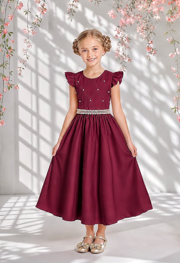 Vestido Infantil Longo Marsala Para Daminha Formatura Festa