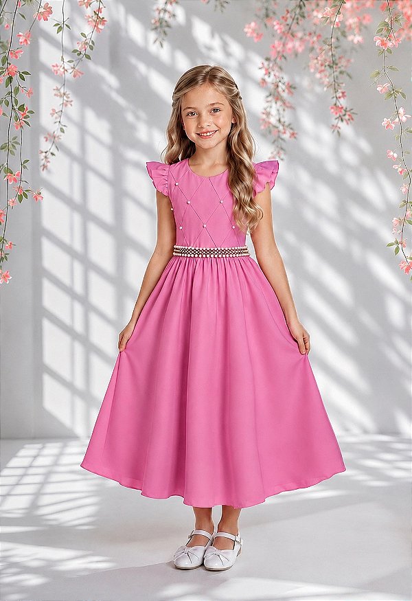 Vestido Infantil Longo Rosa Chiclete Para Daminha Formatura Festa