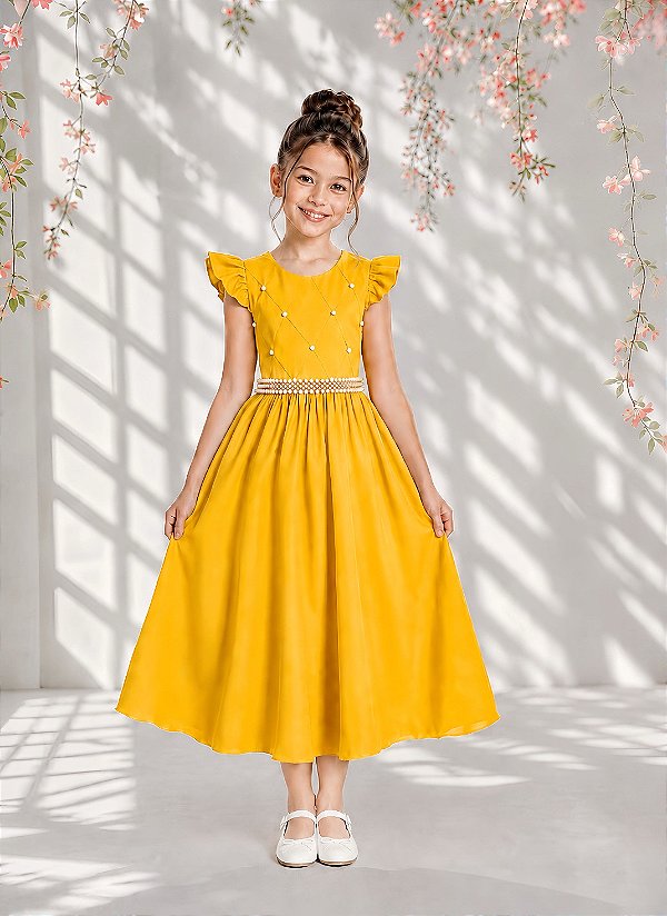 Vestido Infantil Longo Amarelo Ouro Para Daminha Formatura Festa