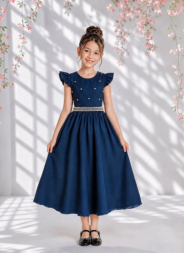 Vestido Infantil Longo Azul Marinho Para Daminha Formatura Festa