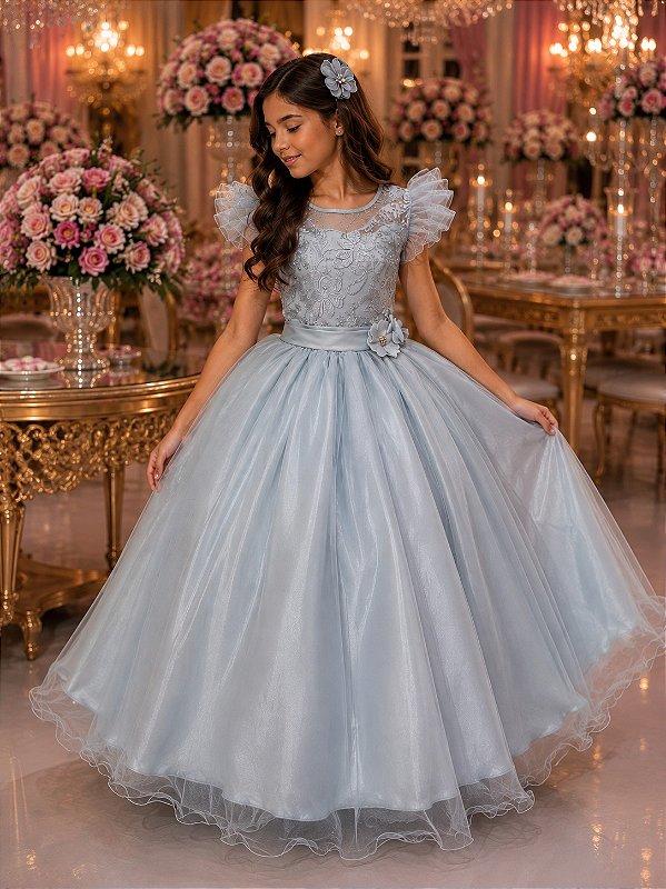 Vestido Infantil Prata Longo Luxo Festa Daminha Casamento