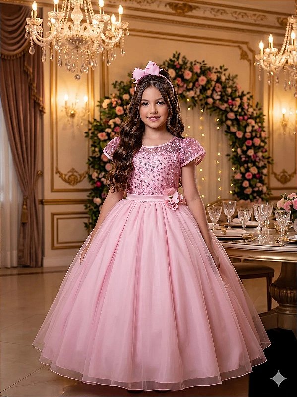 Vestido de Formatura Infantil Rosa Bebe Longo Dama Casamento