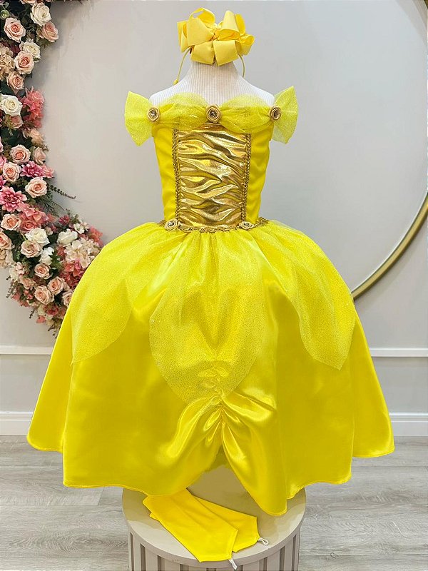 Fantasia Infantil Princesa Amarela com Luvas Festa Luxo