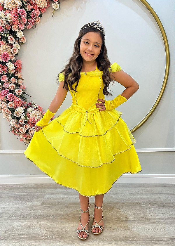 Fantasia Infantil Princesa Amarela com Luvas Festa Luxo