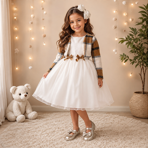 Vestido Infantil Off White Xadrez Strass Casamento com Bolero