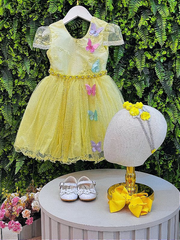 Vestido Infantil Jardim Encantado Amarelo Borboletas + Brinde